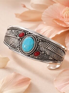 Turquoise and Coral Stone Silver Cuff Bracelet - Women Jewelry